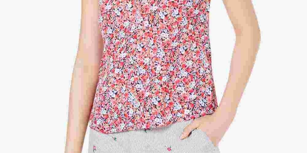 Maison Jules Women's Sleeveless Printed Smocked-Neck Top Navy Size Small