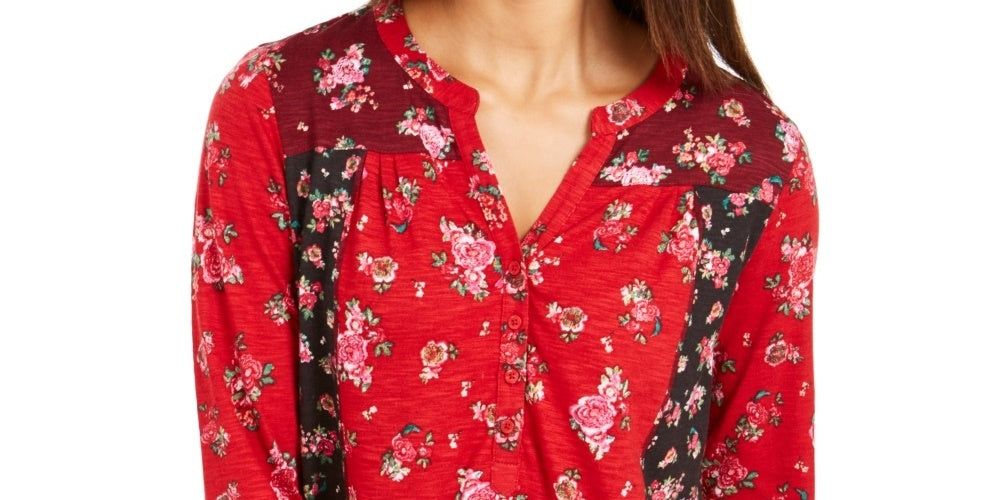 Style & Co Women's Floral Long Sleeve V Neck Top Red Size Petite Small
