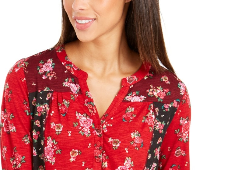 Style & Co Women's Floral Print Button Down Top Red Size Petite Petite