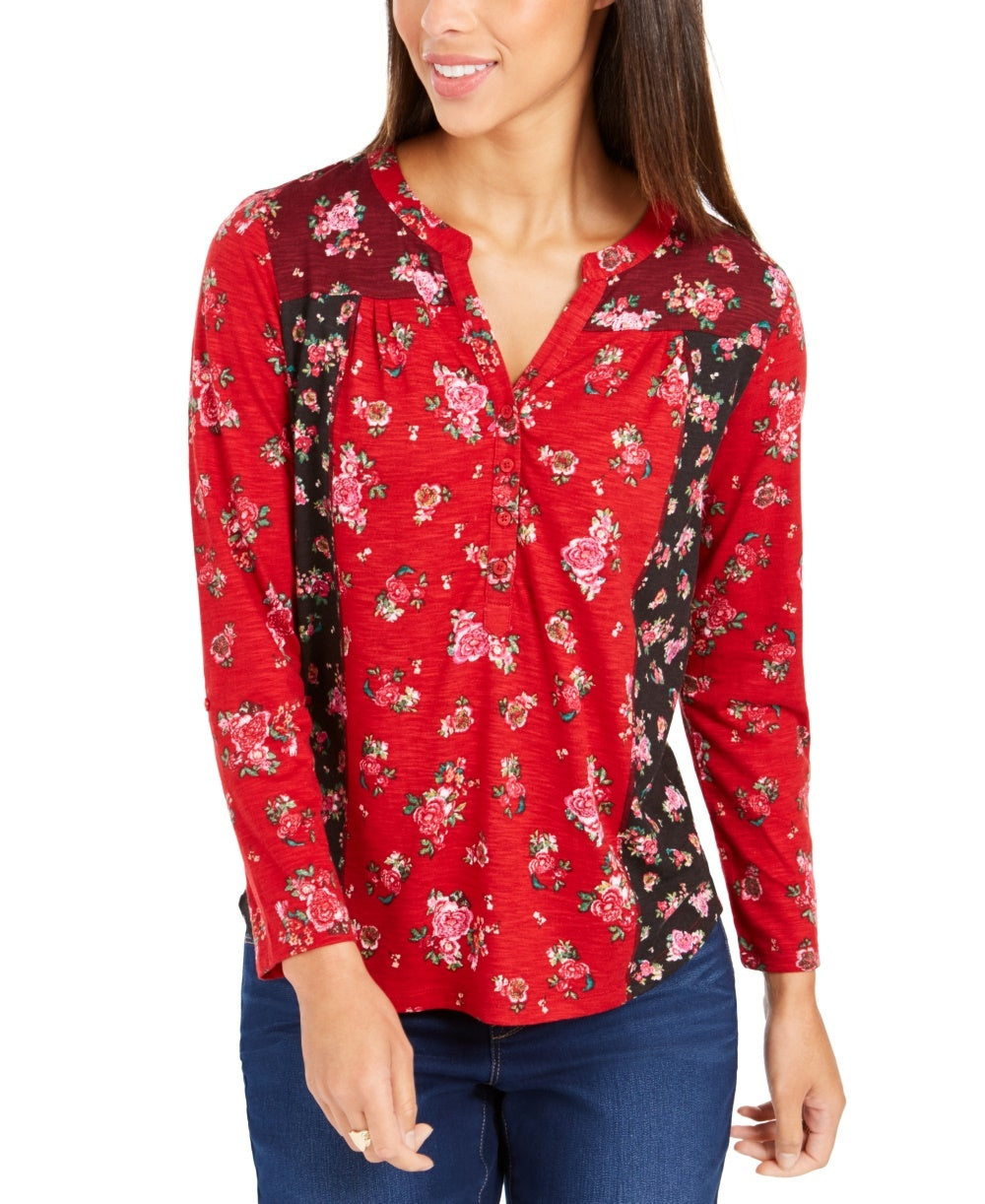 Style & Co Women's Floral Print Button Down Top Timely Rose Red Size Petite Medium