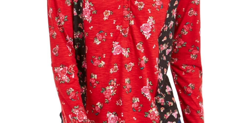 Style & Co Women's Floral Print Button Down Top Timely Rose Red Size Petite Medium