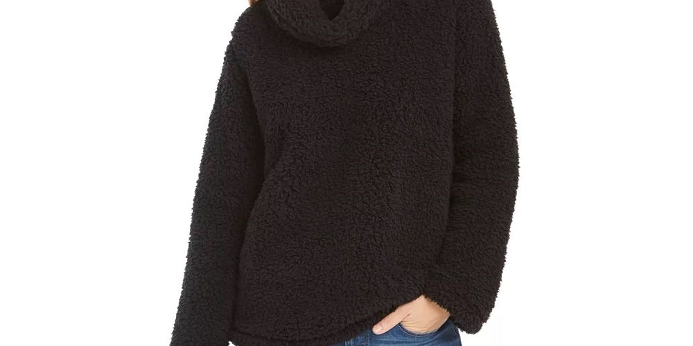 Style & Co Women's Sherpa Cowl Neck Sweater Black Size Large