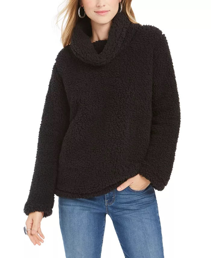 Style & Co Women's Sherpa Cowl Neck Sweater Black Size Small