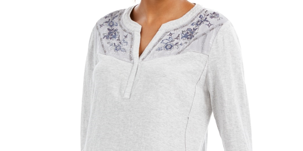 Style & Co Women's Velvet Yoke Embroidered Top Grey Size Petite Petite