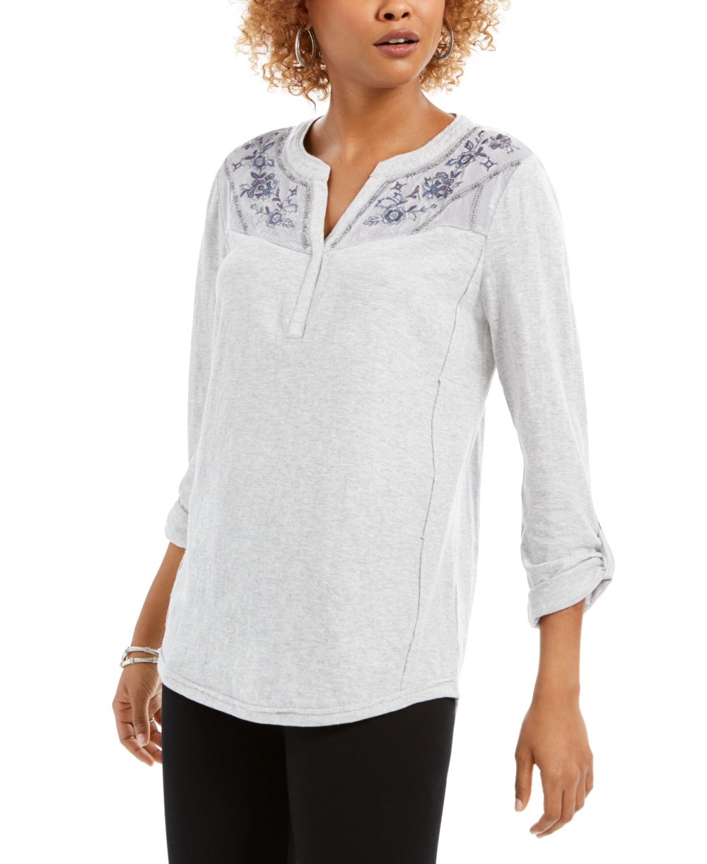 Style & Co Women's Velvet Yoke Embroidered Top Gray Size Petite Small