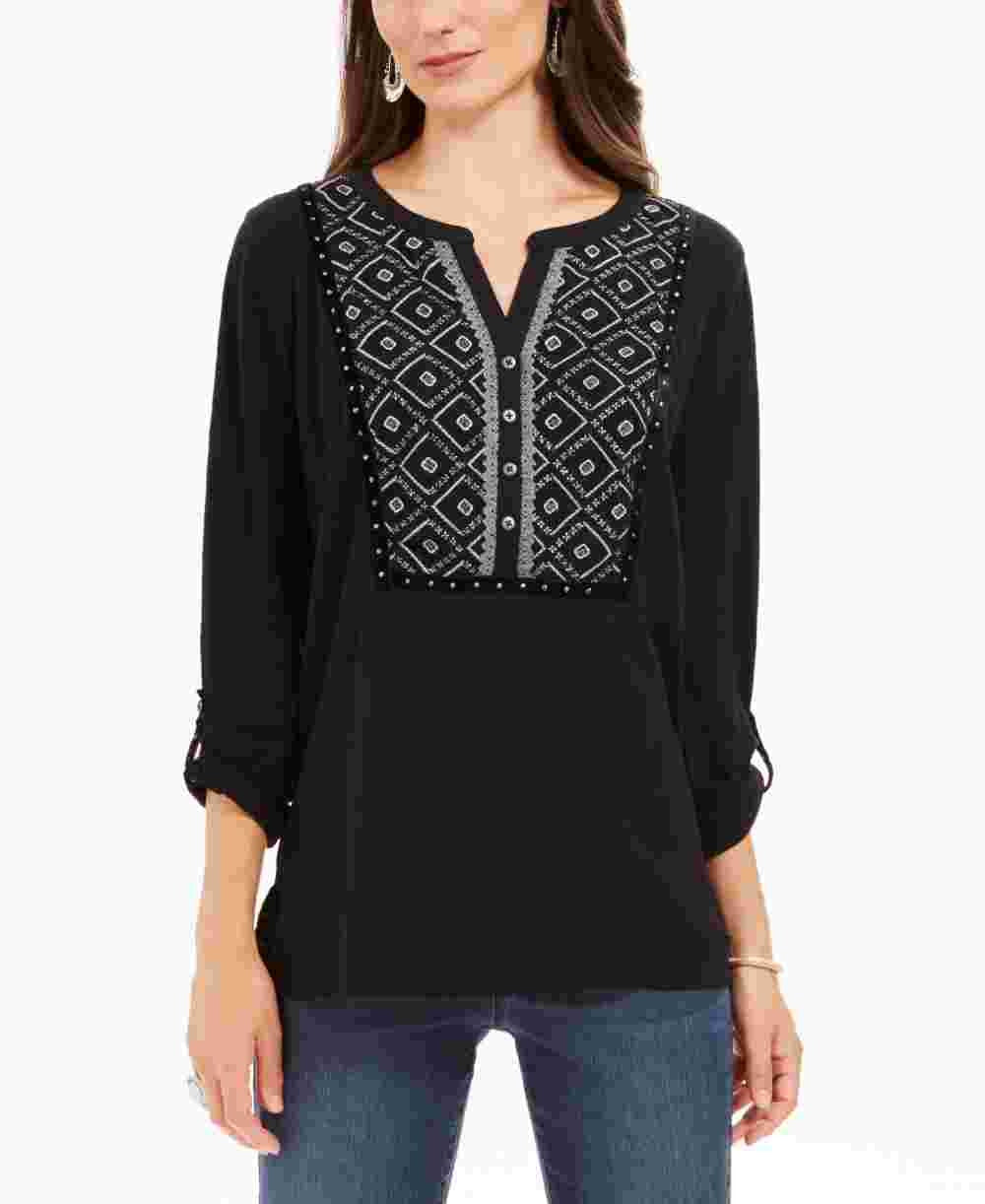 Style & Co Women's Printed Roll Tab Sleeve Top Black Size Petite Medium