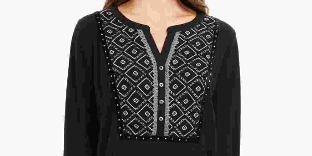 Style & Co Women's Printed Roll Tab Sleeve Top Black Size Petite Medium