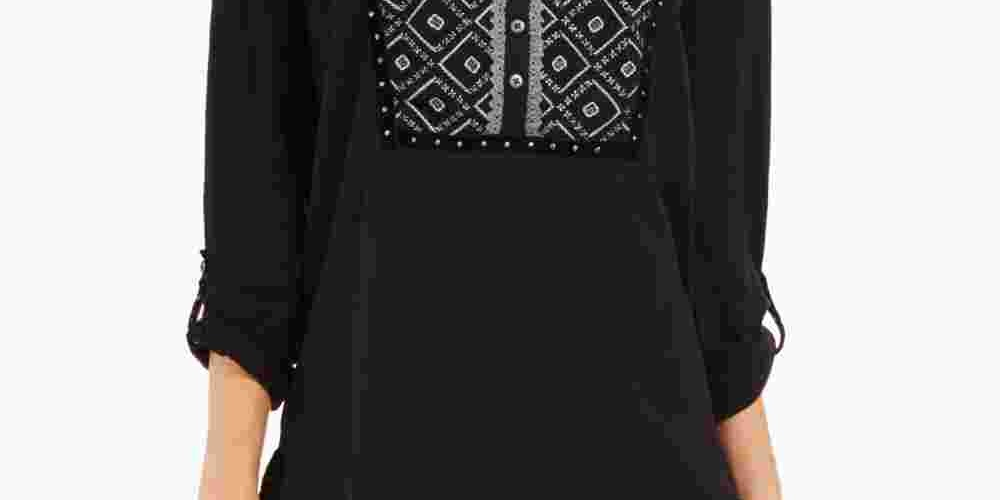 Style & Co Women's Printed Roll Tab Sleeve Top Black Size Petite Medium