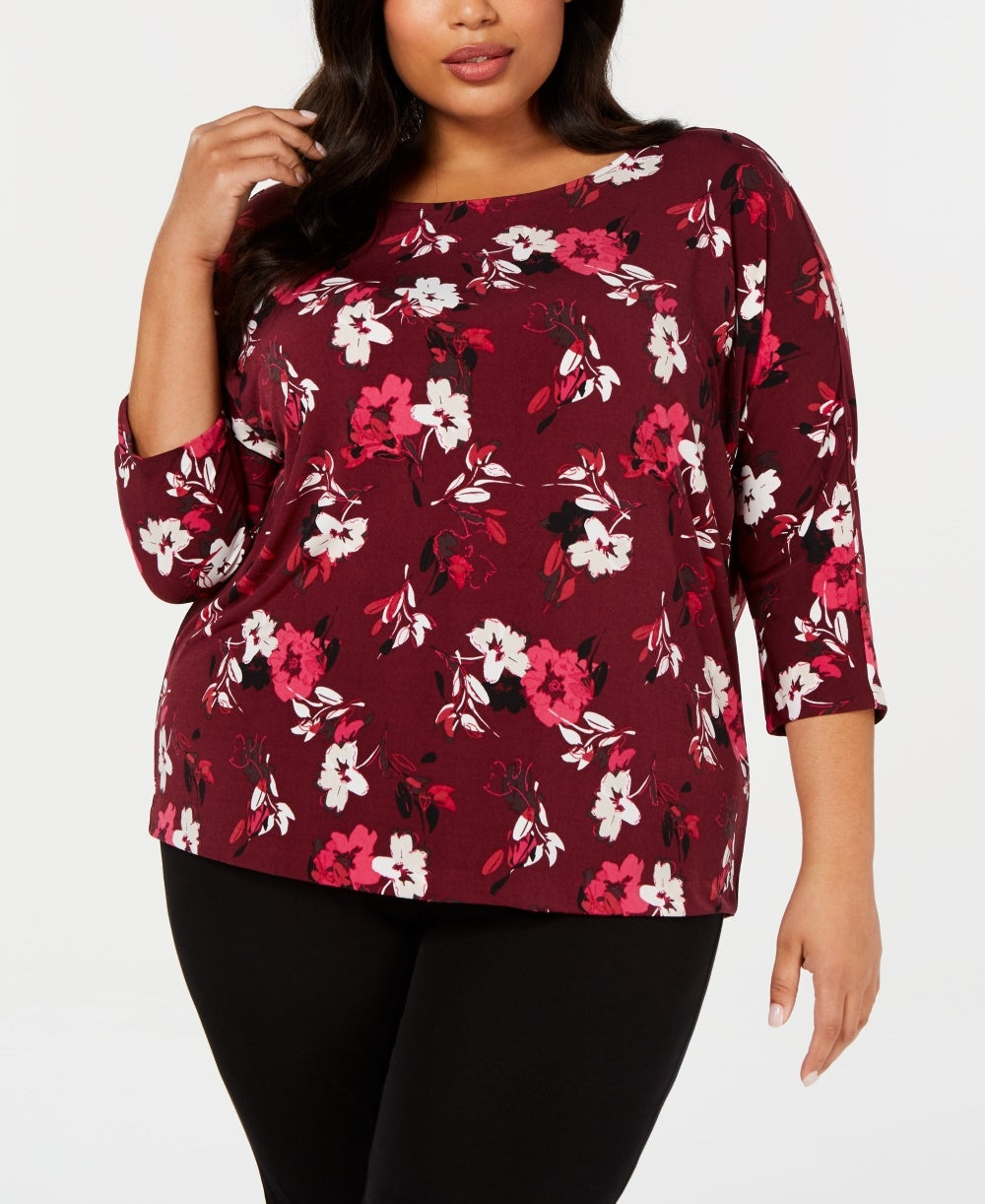 Alfani Women's Plus Size Printed 3-4-Sleeve Top Red Size 0X