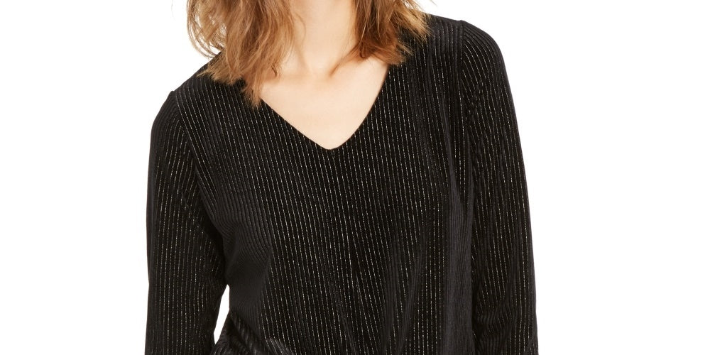 Alfani Women's Pinstripe 3/4 Sleeve V Neck Wrap Top  Black Size Large