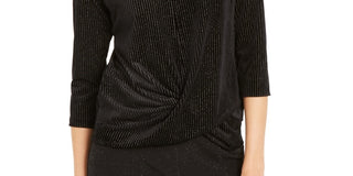 Alfani Women's Pinstripe 3/4 Sleeve V Neck Wrap Top  Black Size Large