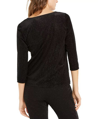 Alfani Women's Metallic-Stripe Twist-Front Top Black Size Small