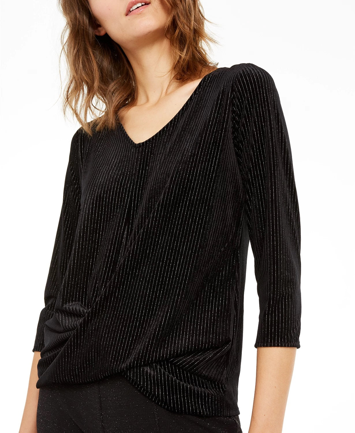 Alfani Women's Metallic-Stripe Twist-Front Top Black Size Small