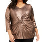 Alfani Women's Plus Size Metallic Twist-Front Top  Brown Size 3X