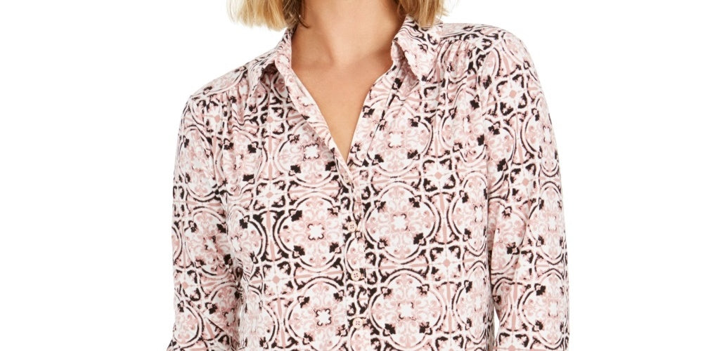 Charter Club Women's 3/4 Sleeve Printed Polo Top  Pink Size X-Large