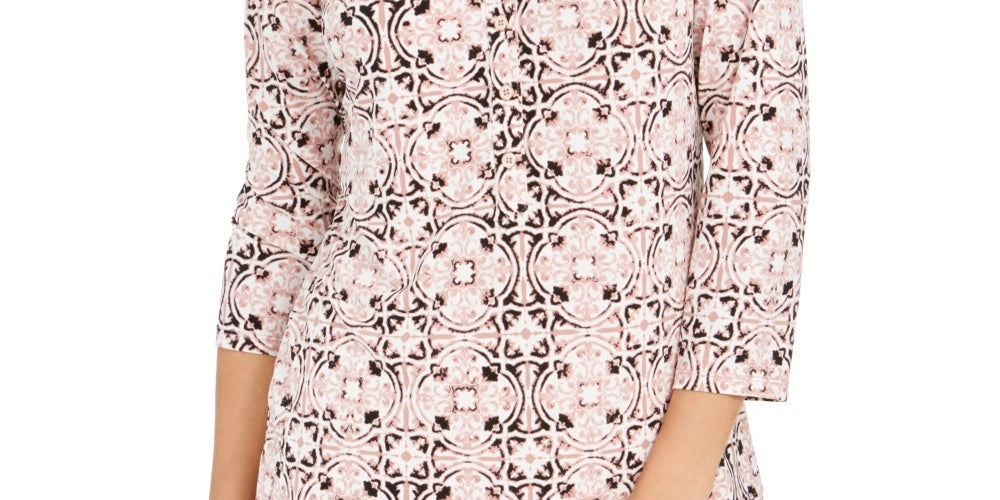 Charter Club Women's 3/4 Sleeve Printed Polo Top  Pink Size X-Large