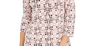 Charter Club Women's 3/4 Sleeve Printed Polo Top  Pink Size X-Large