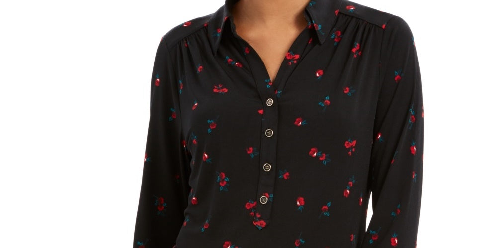 Charter Club Women's 3/4 Sleeve Printed Polo Top  Black Size Medium