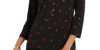 Charter Club Women's 3/4 Sleeve Printed Polo Top  Black Size Medium