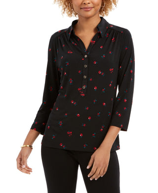 Charter Club Women's 3/4 Sleeve Printed Polo Top  Black Size X-Small