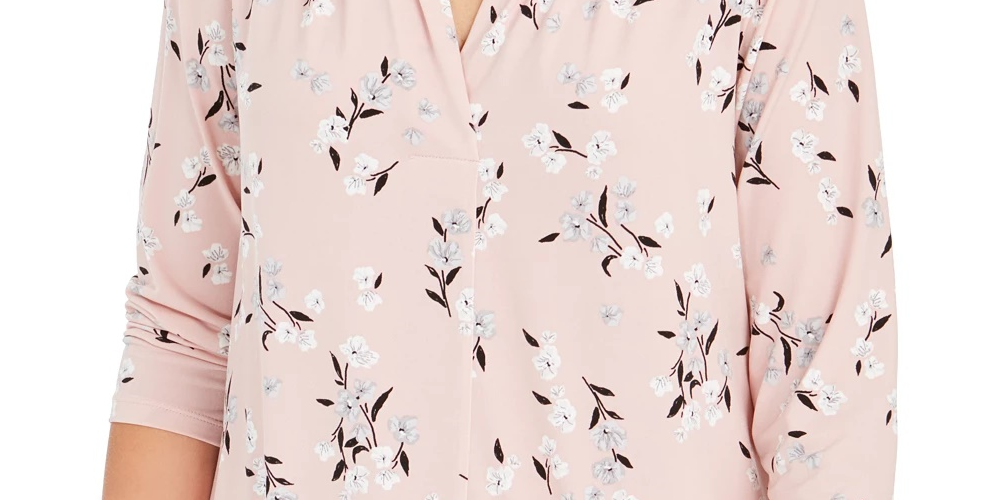 Charter Club Women's Printed V Neck Top Pink Size Medium