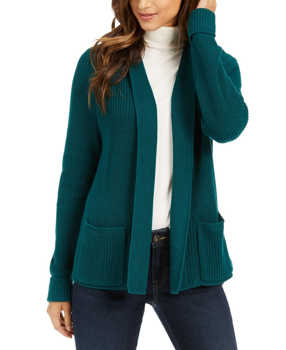 Charter Club Women's Cotton Open-Front Cardigan Dark Green Size X-Large