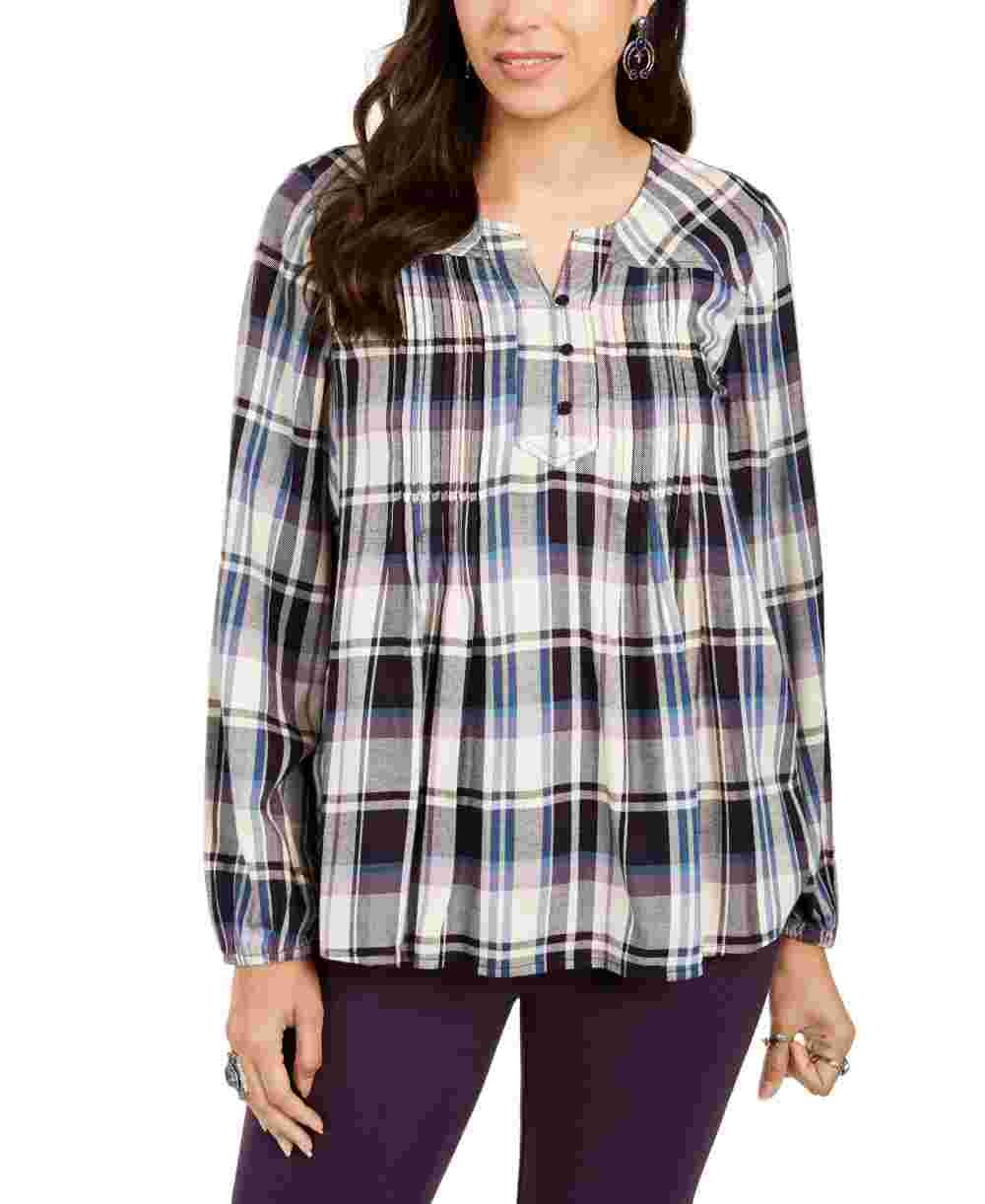 Style & Co Women's Plaid Split Neck Top  Grape Size Small
