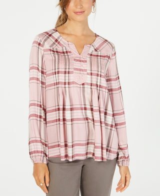Style & Co Women's Plaid Split-Neck Top Bright Red Size X-Small