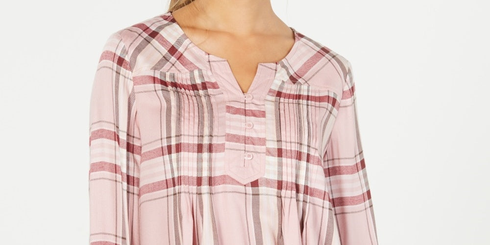 Style & Co Women's Plaid Split-Neck Top Bright Red Size X-Small