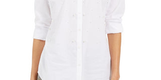 Charter Club Women's Faux Pearl Shirt White Size Large