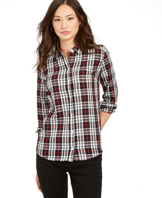 Charter Club Women's Cotton Plaid Shirt Black Size X-Large