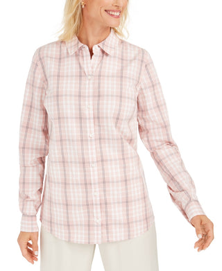 Charter Club Women's Plaid Cotton Button Up Shirt Pink Size Petite Small-Medium