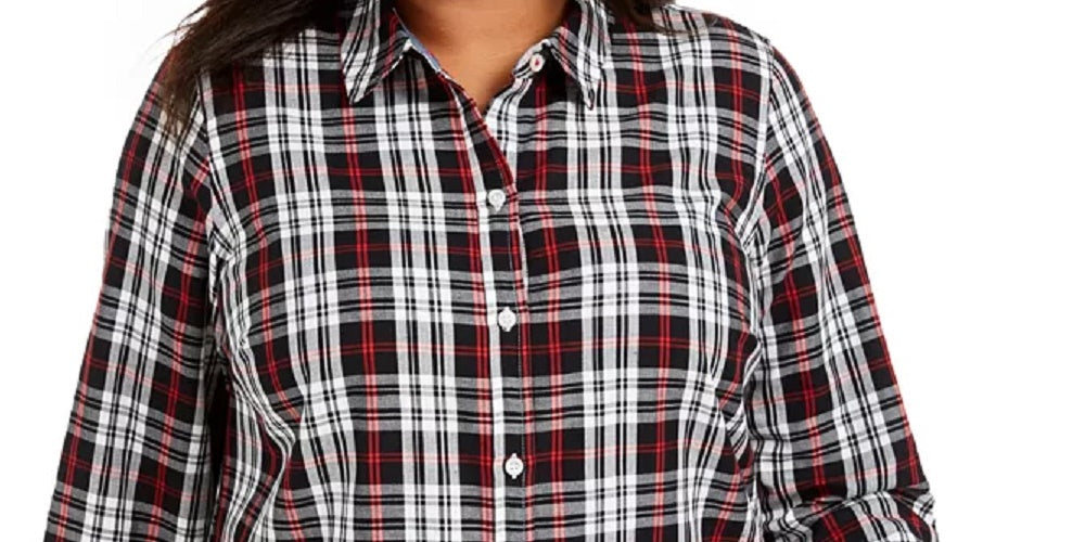 Charter Club Women's Ilanna Cotton Plaid Button Up Shirt Black Size 3X