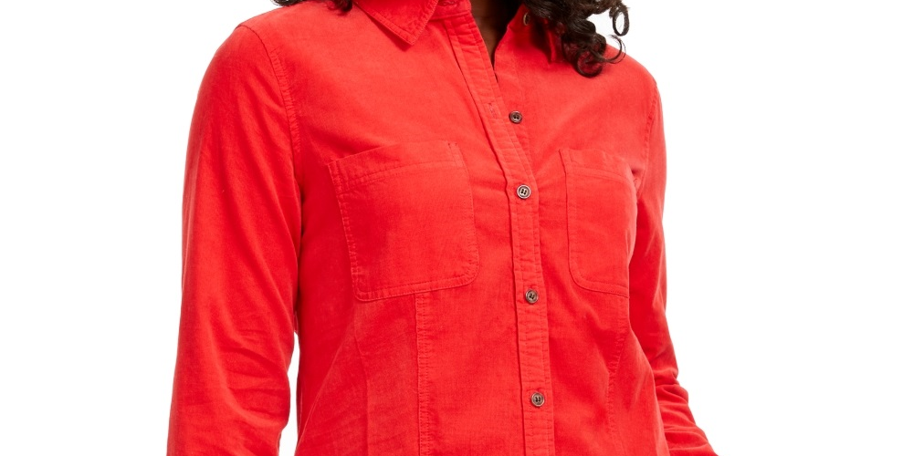 Charter Club Women's Petite Button-Down Cotton Corduroy Shirt Red Size -Petite Large
