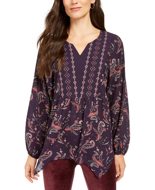 Style & Co Women's Printed Handkerchief Hem Peasant Top  Purple Size Medium