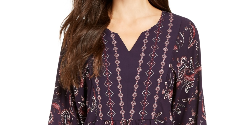 Style & Co Women's Printed Handkerchief Hem Peasant Top  Purple Size Medium