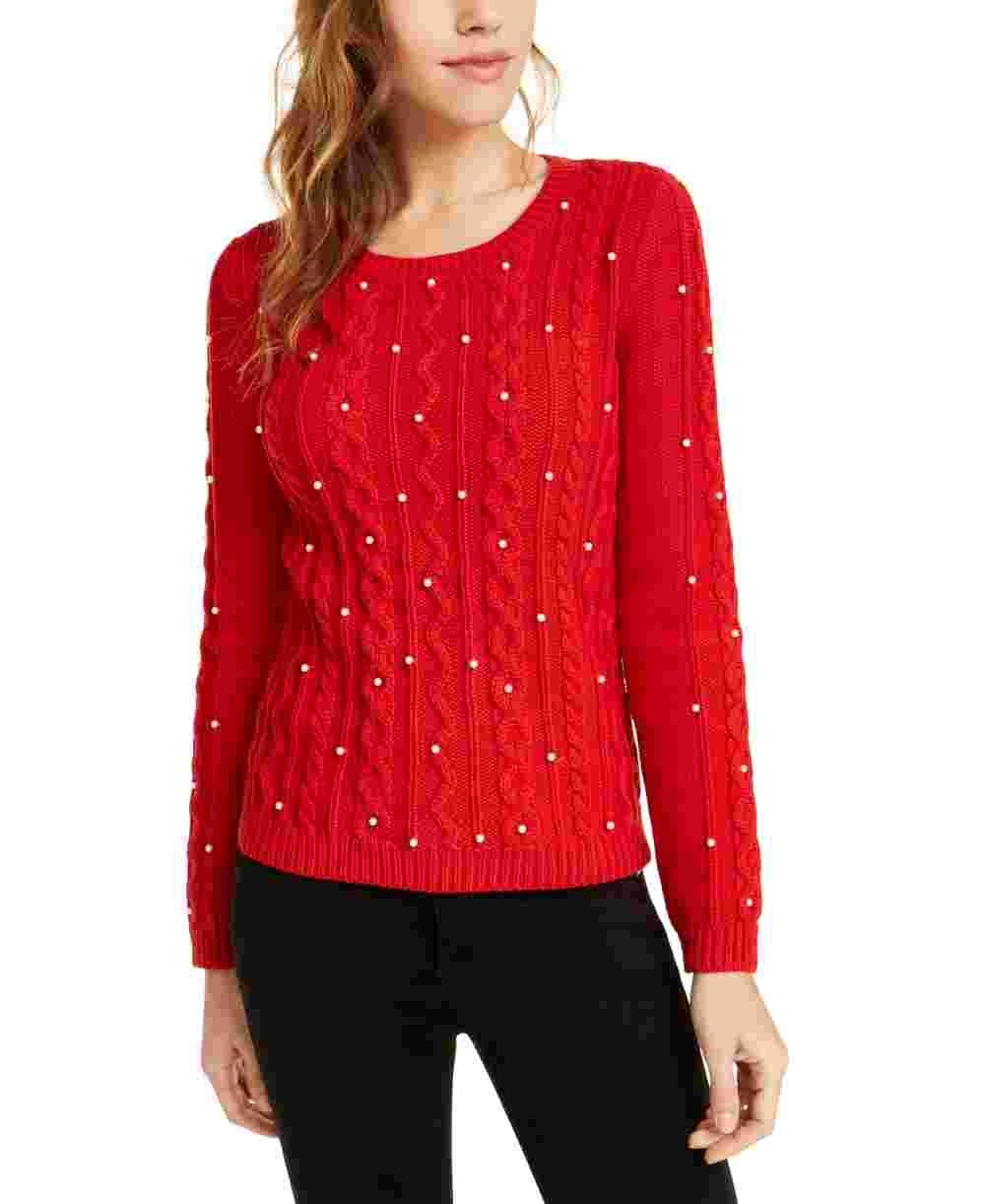 Maison Jules Women's Imitation Pearl Cable Knit Sweater Red Size X-Large