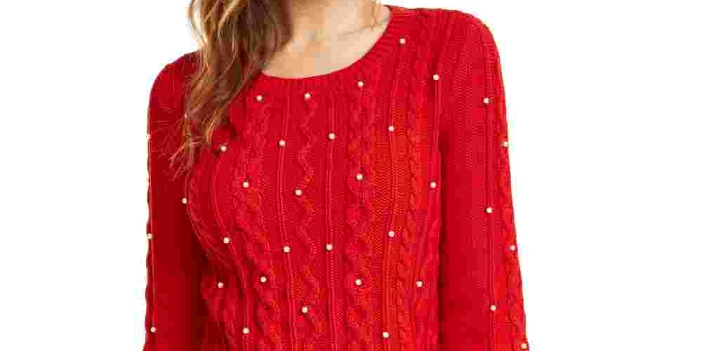 Maison Jules Women's Imitation Pearl Cable Knit Sweater Red Size X-Large