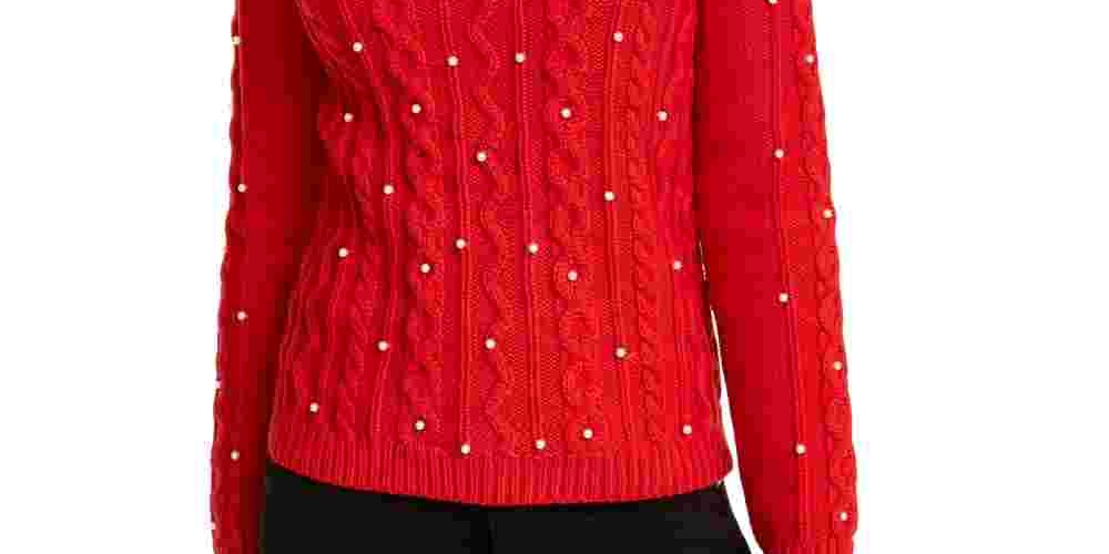 Maison Jules Women's Imitation Pearl Cable Knit Sweater Red Size X-Large