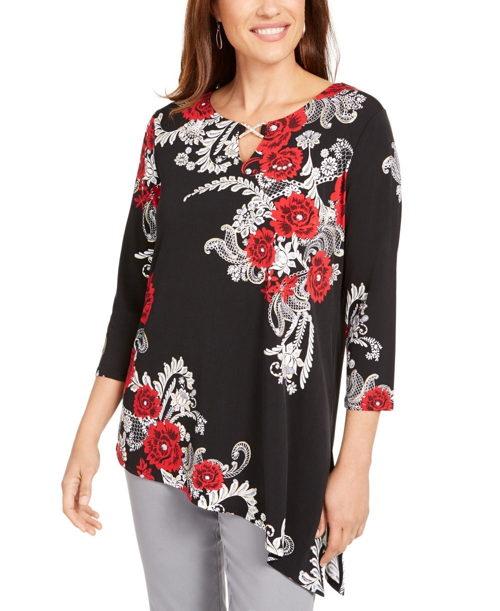 JM Collection Women's Embellished Asymmetrical Tunic Black Size Petite Small