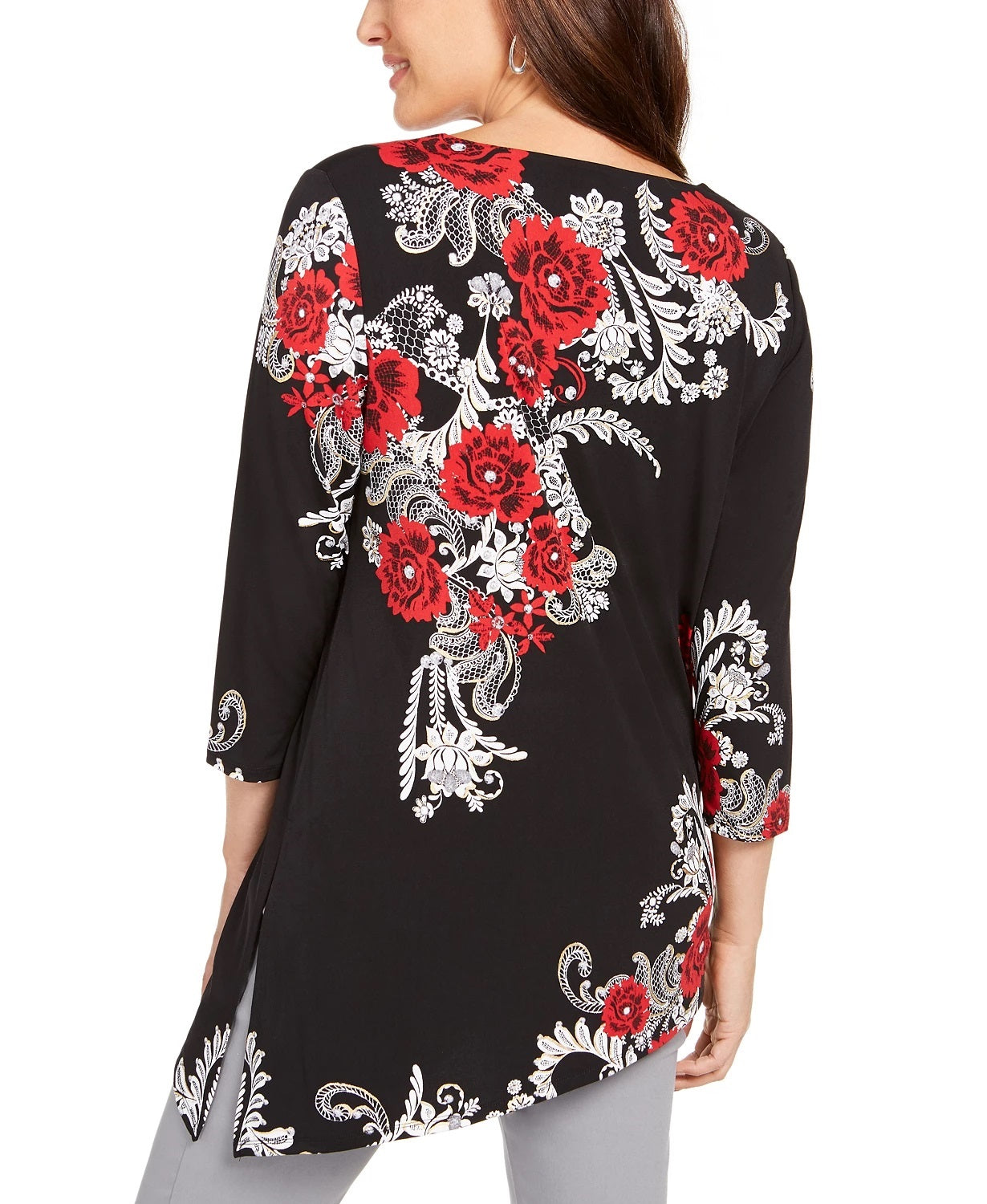 JM Collection Women's Embellished Asymmetrical Tunic Black Size Petite Small