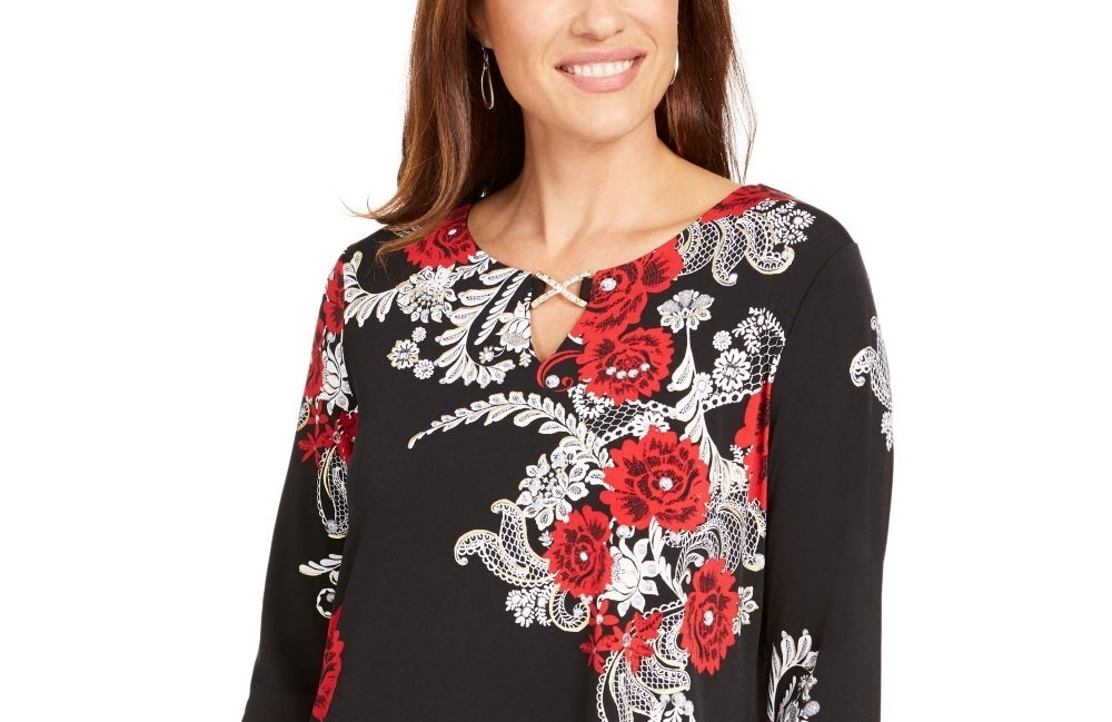 JM Collection Women's Embellished Asymmetrical Tunic Black Size Petite Small