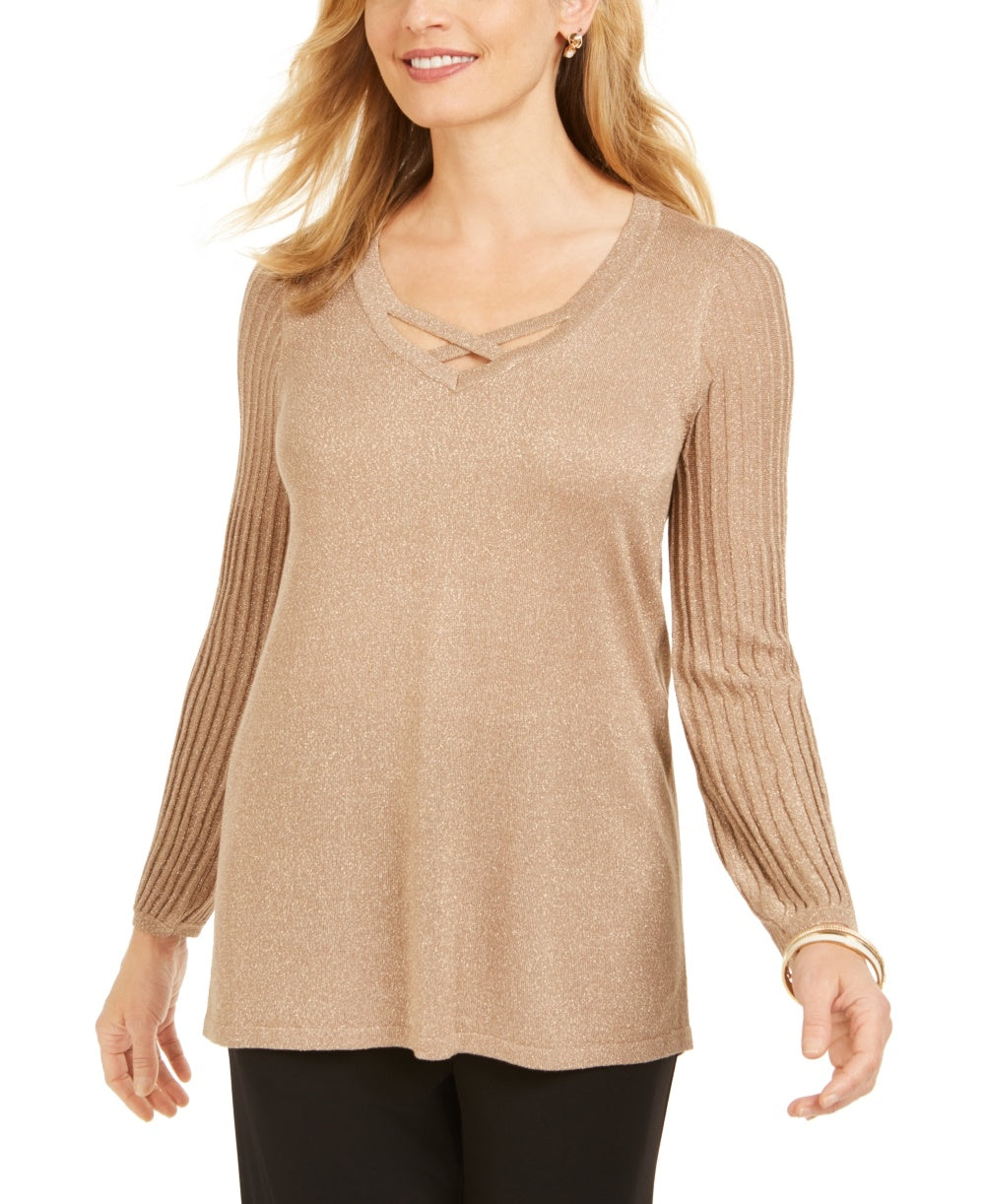 JM Collection Women's Lurex Lattice Neck Blouse Gold Size X-Large