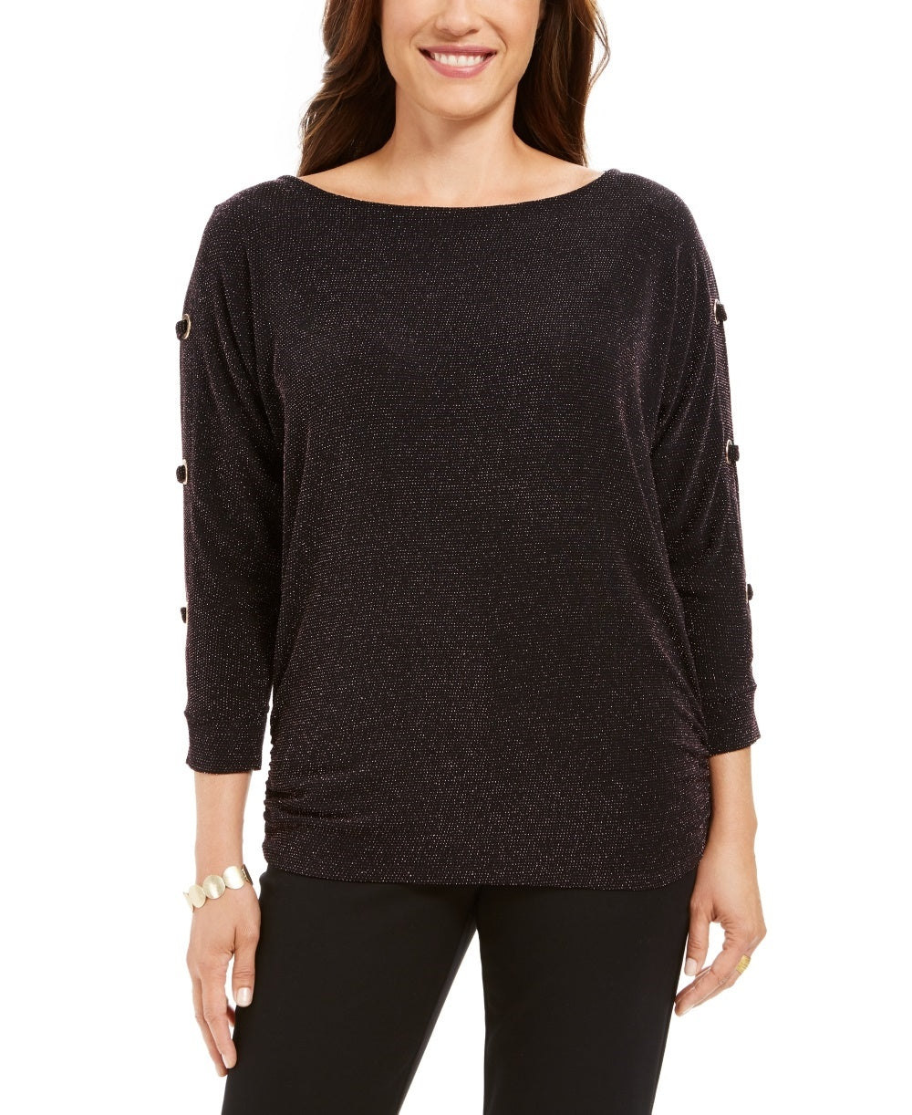 JM Collection Women's Split Sleeve Metallic Threaded Top Black Size Small