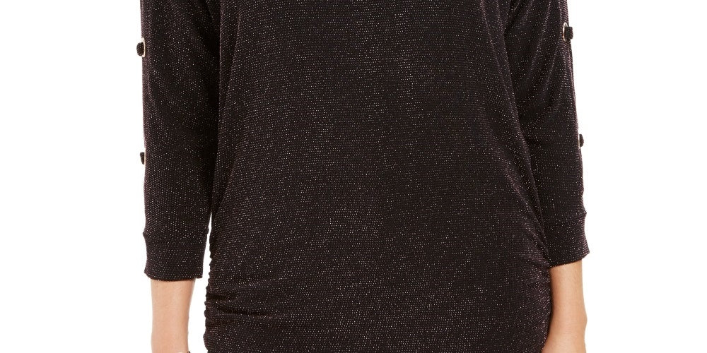 JM Collection Women's Split Sleeve Metallic Threaded Top Black Size Small