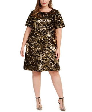 INC International Concepts Women's Plus Size Two-Tone Sequin Dress Gold Size 0X
