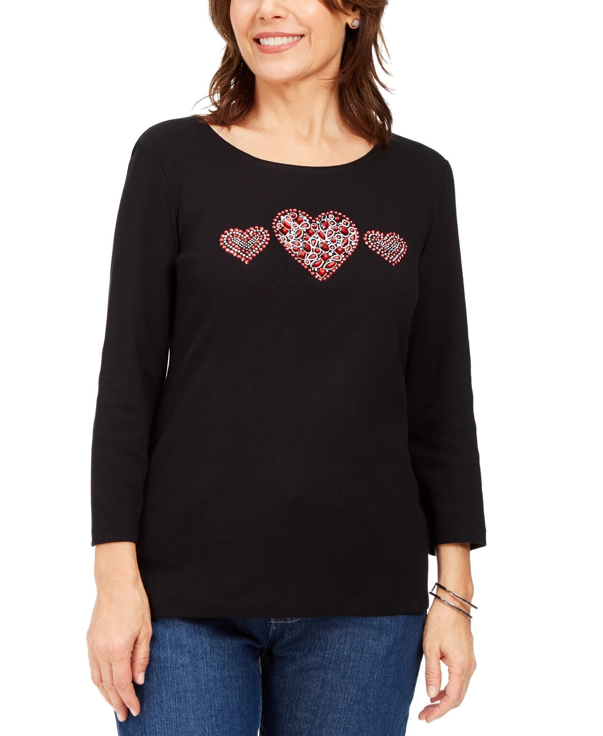Karen Scott Women's Cotton Rhinestone-Heart Top Black Size X-Small