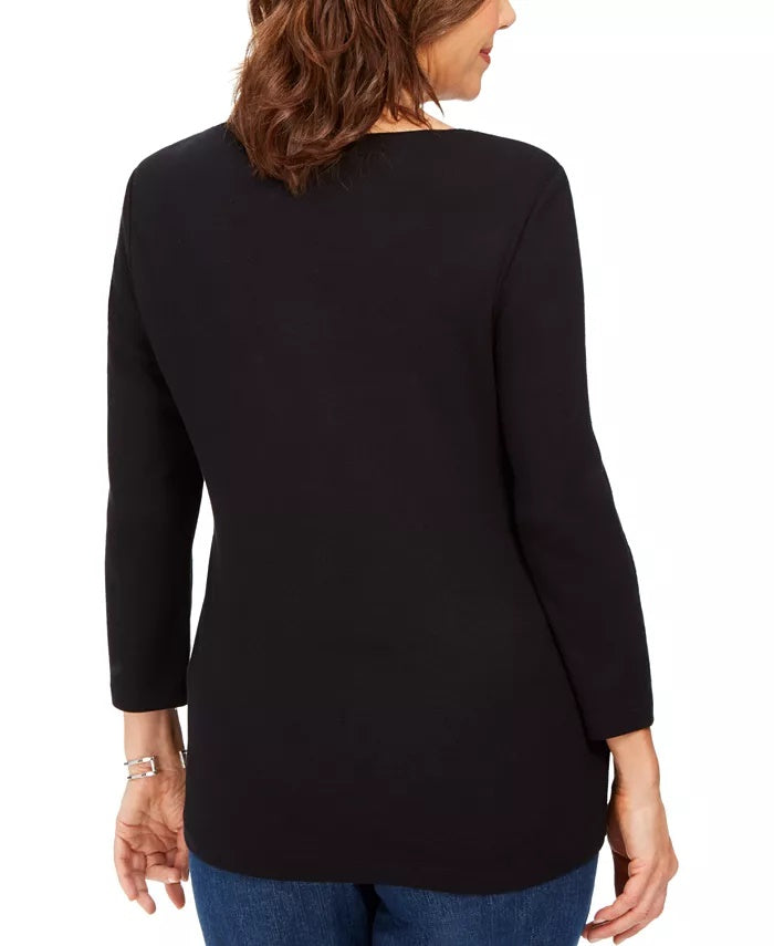 Karen Scott Women's Cotton Rhinestone-Heart Top Black Size X-Small