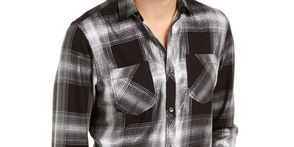 INC International Concepts Men's Metallic Plaid Shirt Grey Size XXX-Large
