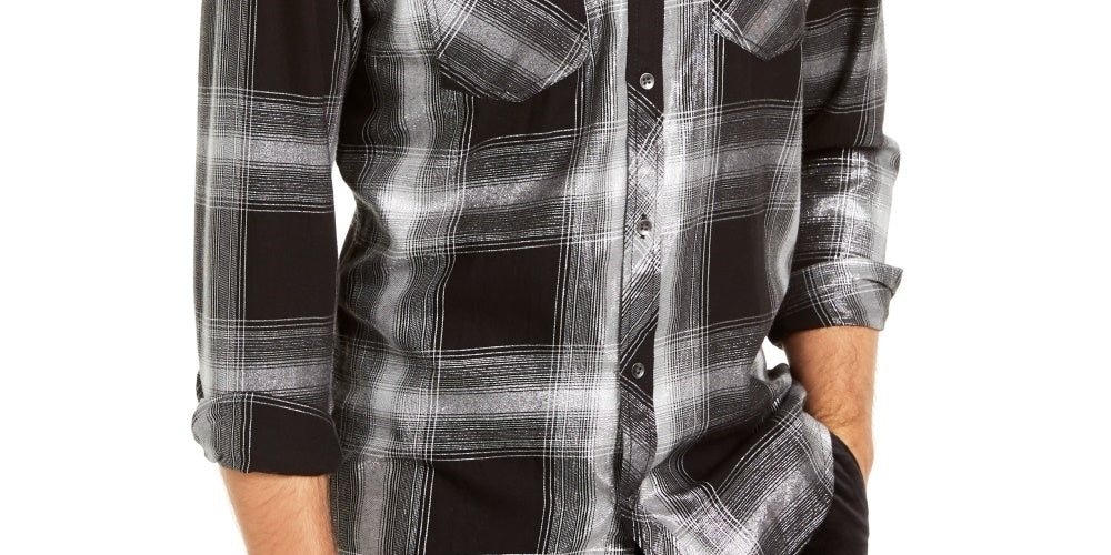 INC International Concepts Men's Metallic Plaid Shirt Grey Size XXX-Large